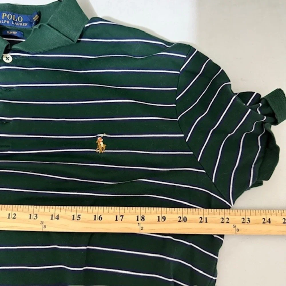 Polo Ralph Lauren Mens Green White Striped Short Sleeve Cotton Mesh Polo Shirt